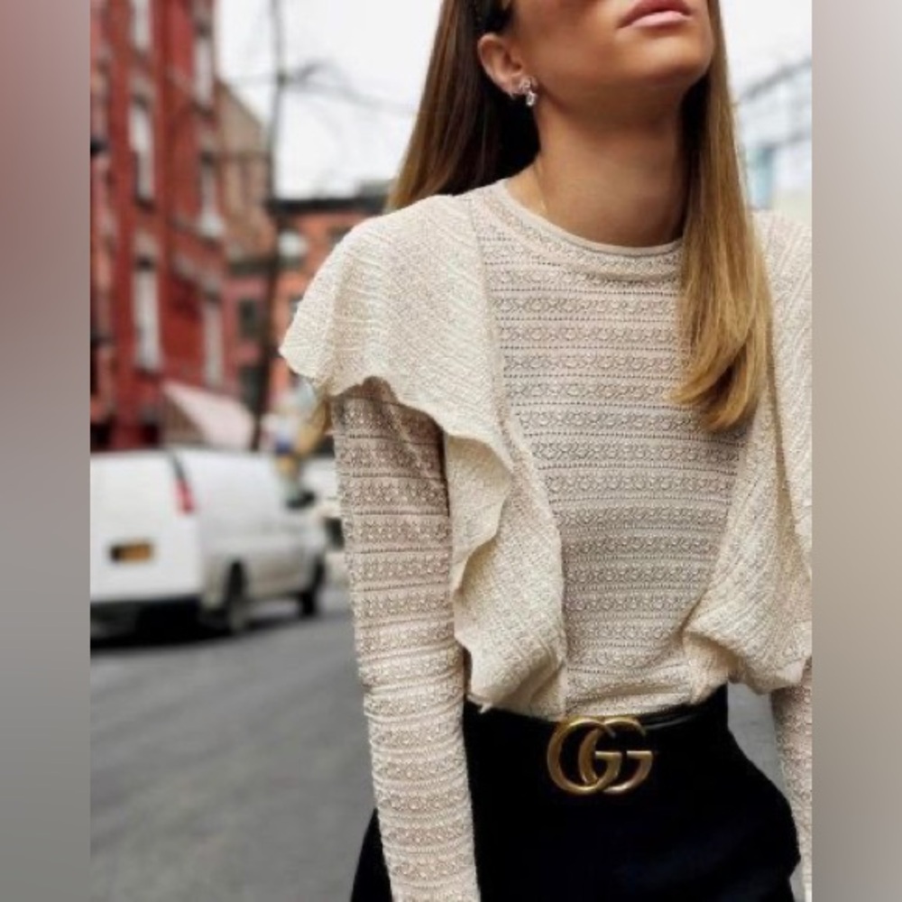 Zara Knit Long Sleeve Top Beige Ruffle Crewneck Knit